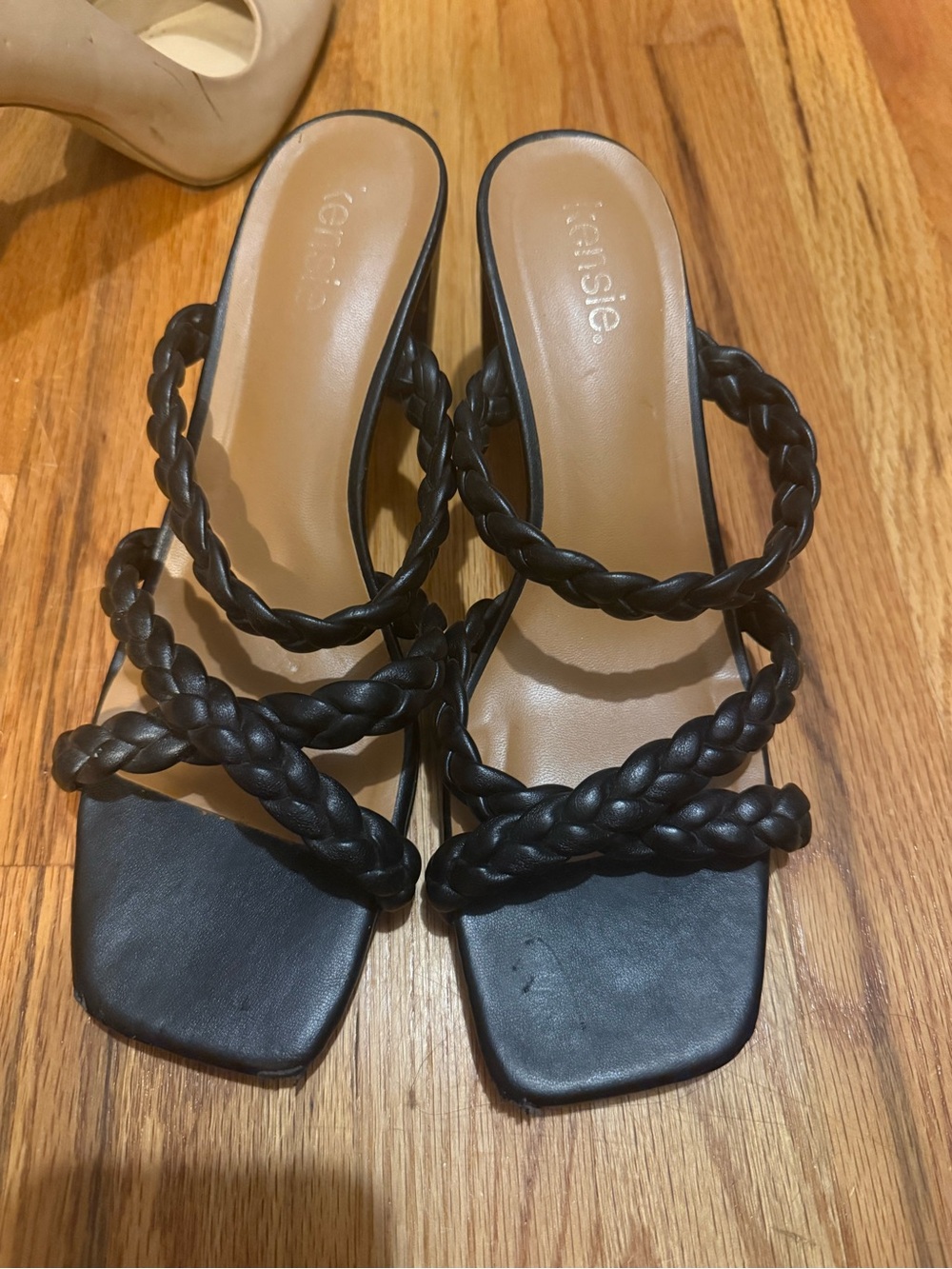 kensie Black Braided Strap Square Toe Slide Heels